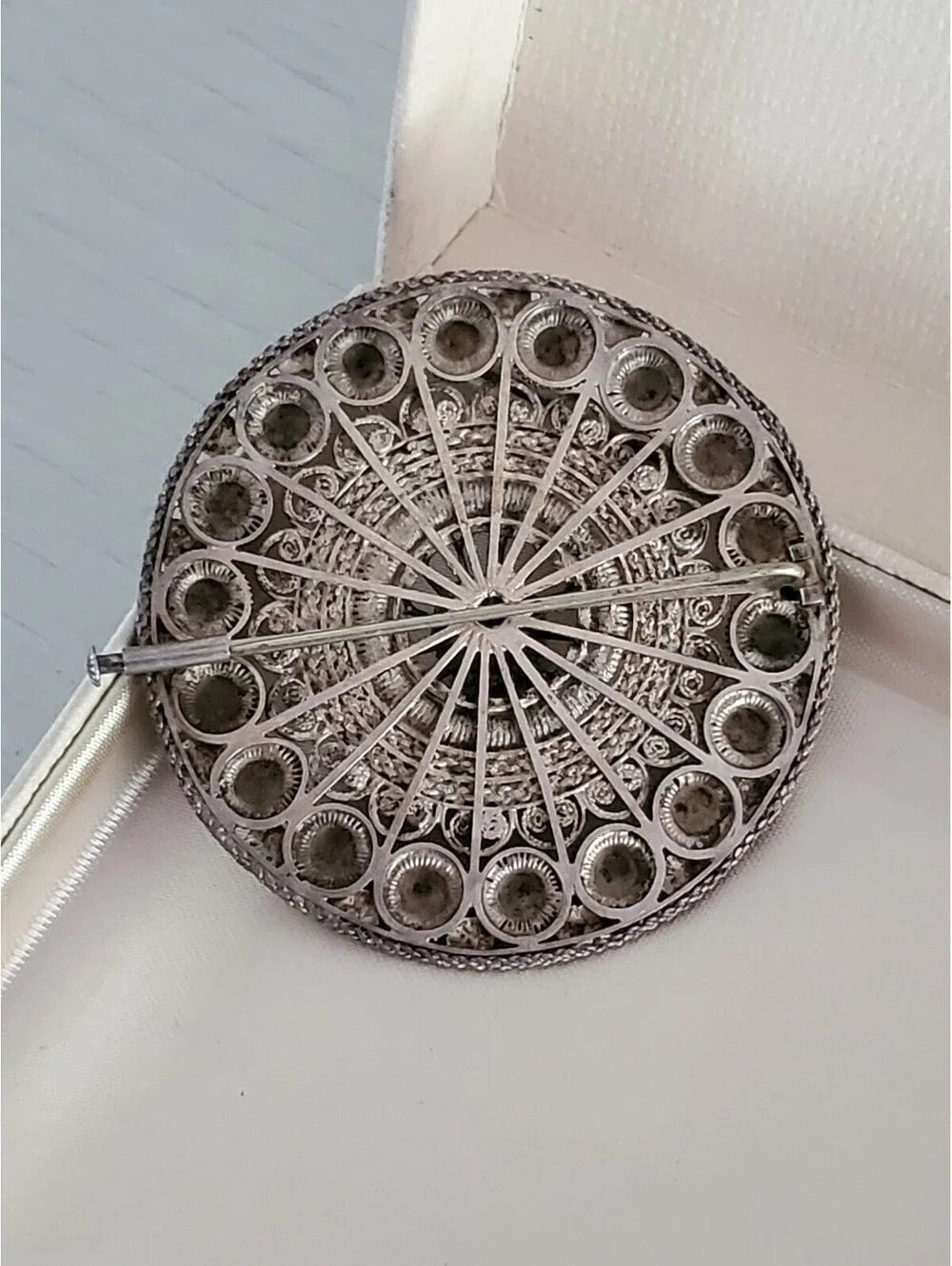 Antique Dutch Silver-Filigree Traditional Button Brooch with Trombone Clasp